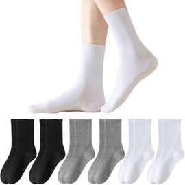 HWVICTORYV Women's Crew Socks, 2 Lines, Plain, Spring, Summer, Autumn, Thin, Antibacterial, Odor Resistant, Breathable, Cotton, 6 Pair Set, 8.7 - 9.8 inches (22 - 25 cm), Fashionable, Casual, Sports