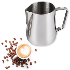 Liroyal Milk Pitcher 350ml Milk Jug Stainless Steel Latte Art with Internal Scale Line Easy Grip Easy Pour Coffee Card Vicino Coffee House