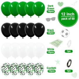 Green Black Balloons, Ousuga 60 pcs 12 Inch Matte Black White Green Confetti Latex Balloons Set for Boys Men Kids Birthday Baby Shower Football Soccer Wedding Sports Video Game Theme Party Decorations