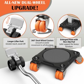ONEON Furniture Mover Ultra with 10 Wheels – All-New Upgraded Heavy Item Moving Tool Double-Wheeled Low-Profile Dolly with Auxiliary Lifter, Full Carbon Steel Panels, Supports up to 2200 lbs