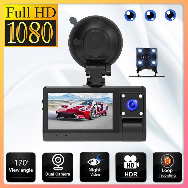 3 Cameras Dash Cam Touched Screen Clear Car Rearview Mirror