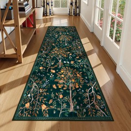 Morebes Boho Floral Rug Runners for Hallways Non Slip, Flower 2x8 Kitchen Runner Rug Washable, Soft Botanical Indoor Carpet Floor Runner for Entrance Bedroom Bedside, Dark Green