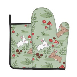 Oplp Cute Rabbit and Mushroom Oven Mitts and Pot Holders Heat Resistant Oven Mitts Safe for Baking Cooking BBQ