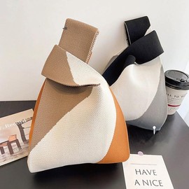 UMIYI Women's Knit Bag, Mini Tote Bag, Small, Eco Bag, Stylish, Sub Bag, Mini Bag, Handbag, Soft, Foldable, Lightweight, Cute, Trend, Type: E-Black-White