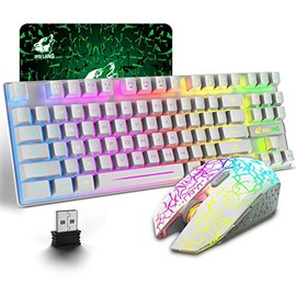 Wireless Gaming Keyboard and Mouse Combo with 87 Key Rainbow LED Backlight Rechargeable 3800mAh Battery Mechanical Feel Anti-ghosting Ergonomic Waterproof RGB Mute Mice for Computer PC Gamer (White)