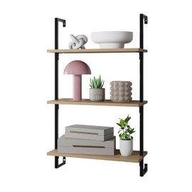 happimess MSH1000B Madera 40.55" Classic Industrial 3-Shelf Wood Wall-Mounted Open Ladder Bookcase with Metal Frame, Light Oak/Black