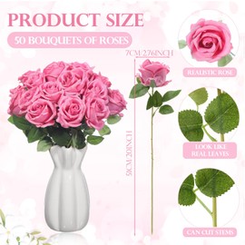 Jexine 50 Pcs Artificial Rose Flower Bulk Realistic Silk Fake Roses with Long Stem Plastic Artificial Flower Bouquet Real Looking for Home Wedding Centerpieces Party Decoration(Dark Pink Champagne)