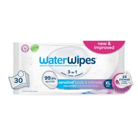 WaterWipes Sensitive+ Body & Intimate Wipes, 3-In-1 Cleans, Cares, Protects, 99.9% Water, Unscented & Hypoallergenic Hygiene Wet Wipes, Adult Care, 30 Wipes (1 Packs)