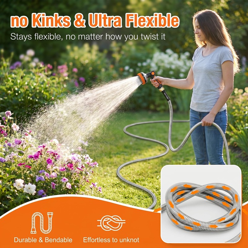 Rosy Earth Metal Garden Hose 25ft, Lightweight Steel Water Hose