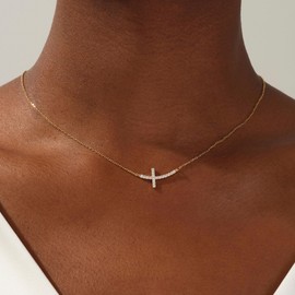 MONOZO Gold Cross Necklace for Women, 14K Gold Plated Sideway Cross Necklace Dainty Gold Cross Necklace Diamond Choker Necklace Cute Cross Necklace for Women Gold Necklace for Women Trendy