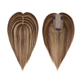 MY-LADY Hair Topper for Women Human Hair for Thinning Hair 7 * 13CM Silk Base 150% Density Real Remy Hair No Bangs Clip in Hair Pieces Straight Hairpiece 8 Inch Medium Brown & Dark Blonde