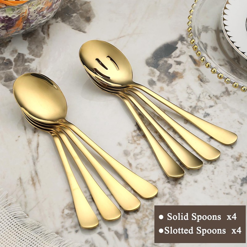 Gold Serving Spoons 8 Pieces, ReaNea Stainless Steel Serving Utensils