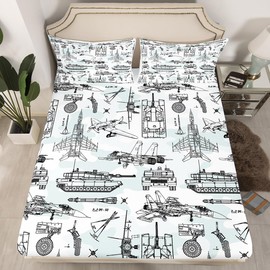 Aircraft Fitted Sheet Twin Size,Sketch Tank Cars Bedding Set for Boys Kids Teens Men Room Decor,Light Army Green White Camo Bed Sheet Modern Transport Equipment Deep Pocket Sheet,1 Pillowcase