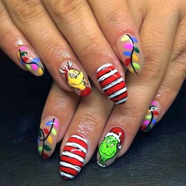 Christmas Press on Nails Almond Medium Fake Nails Cartoon Green Monster Stick on Nails False Nails with Designs Acrylic Nails Winter Xmas Glue on Nails Full Cover Artificial Nails for Women 24 Pcs