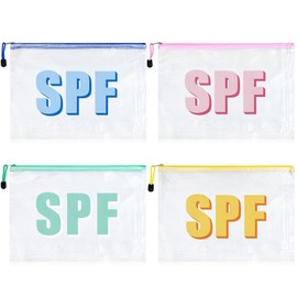 SOIDRAM 4PCS SPF Makeup Bag Clear Zippered SPF Bag Cosmetic Pouch Waterproof Travel Toiletry Organizer for Women Varsity Letter Patch Beach Pool Essentials