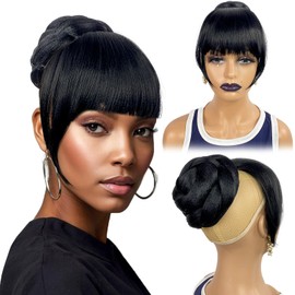 YAKI Curtain Bang with Bun Set 2PCS - Black Thick Bangs with Twist Braided Bun Clip in Synthetic Hairpiece for Black Women