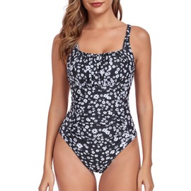 FLYILY Women’s Ruched One Piece Swimsuits Tummy Control Bathing Suit Slimming Monokini 1 Piece Swimwear(Blackwhite,XL)