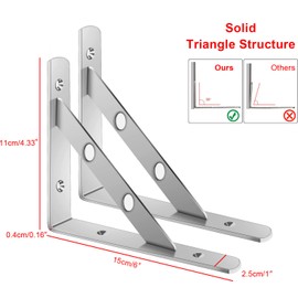 Gearmatte Heavy Duty Shelf Bracket, 10" Stainless Steel L Bracket Shaped Solid Shelf Support Corner Brace Joint Right Angle Bracket, Max Load: 440 Lb Floating Shelves Brackets Pack of 2 (6")