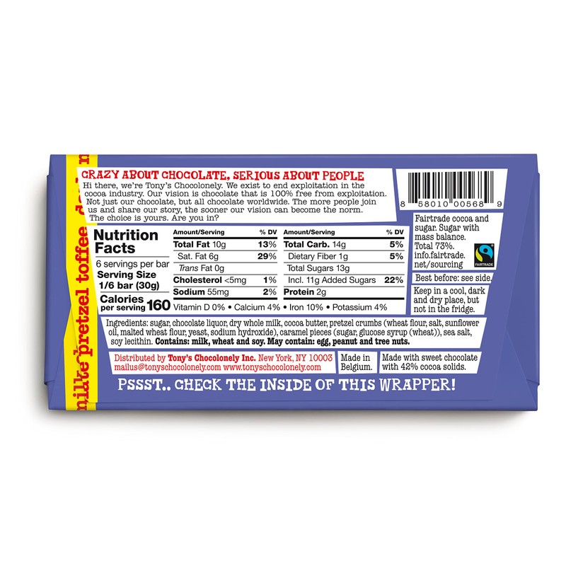 Tony's Chocolonely 42% Dark Milk Chocolate Bar with Pretzel &