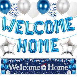 Welcome Home Banner Decorations Backdrop - Blue Silver Welcome Home Balloons Large Yard Banners, Military Relatives Returning Housewarming Background Decor for Homecoming Family Party Indoor Outdoor