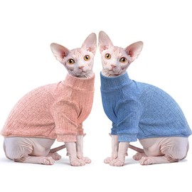 Idepet Sphynx Hairless Cats Sweater Shirt Kitten Soft Puppy Clothes Pullover Cute Cat Pajamas Jumpsuit Cotton Apparel Pet Winter Turtleneck for Cats and Teacup Chihuahua(2 Pack-Blue&Pink,M)