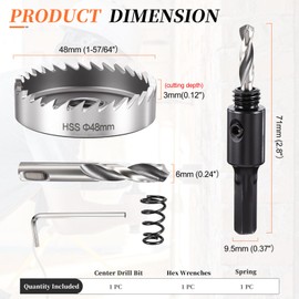 METALLIXITY Hole Saw Kit 48mm (1-57/64"), 4241 High Speed Steel Hole Cutter with Center Drill Bit, Hex Key and Spring - for Soft Metal, Wood, Plastic, Plasterboard, PVC Boards, Silver