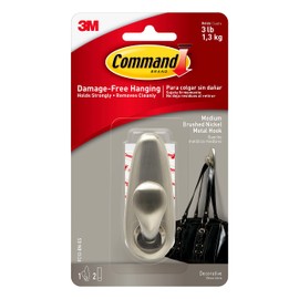 Command Medium Metal Hook, Brushed Nickel, 3 lb Capacity, 1-Hook, 2-Strips, Indoor Use, Decorate Damage-Free