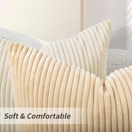 Pack of 2 Cream Corduroy Decorative Throw Pillow Covers 24x24 Inch Striped Cushion Covers Cozy Boho Pillowcase Farmhouse Home Decor Soft Accent Cushion Case for Couch Sofa Bed Living Room 60x60 cm