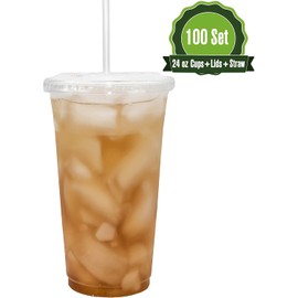 Safeware [100 Sets - 24oz.] Disposable Clear Plastic to go Cups with Flat Lids and Straws | Ice Coffee | Bubble Tea | Smoothie | Cold Beverage | Milkshake | Travel.