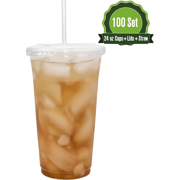 Safeware [100 Sets - 24oz.] Disposable Clear Plastic to go Cups with Flat Lids and Straws | Ice Coffee | Bubble Tea | Smoothie | Cold Beverage | Milkshake | Travel.
