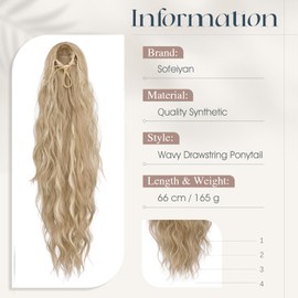 Sofeiyan Curly Ponytail Extension, 26 inch Long Wave Drawstring Blonde Hair Ponytail Extension Synthetic Pony Tail Hairpiece for Women, Ash Blonde Mixed Bleach Blonde