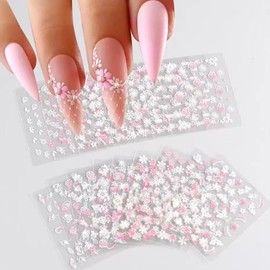 30 Sheets Flower Nail Art Stickers White Pink Flower Nail Stickers 3D Self-Adhesive Nail Decals with Floral Leaf Design Nail Art Supplies Pink Floral Nail Stickers Decals for Women Manicure Decoration