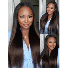 Nadula Highlight V Part Yaki Straight Wigs Human Hair No Leave Out Black to Chestnut Brown Ombre Upgrade U Part Wigs, Glueless Ombre V-part Straight Wigs Clip in Half Wig Ready to Go 22inch