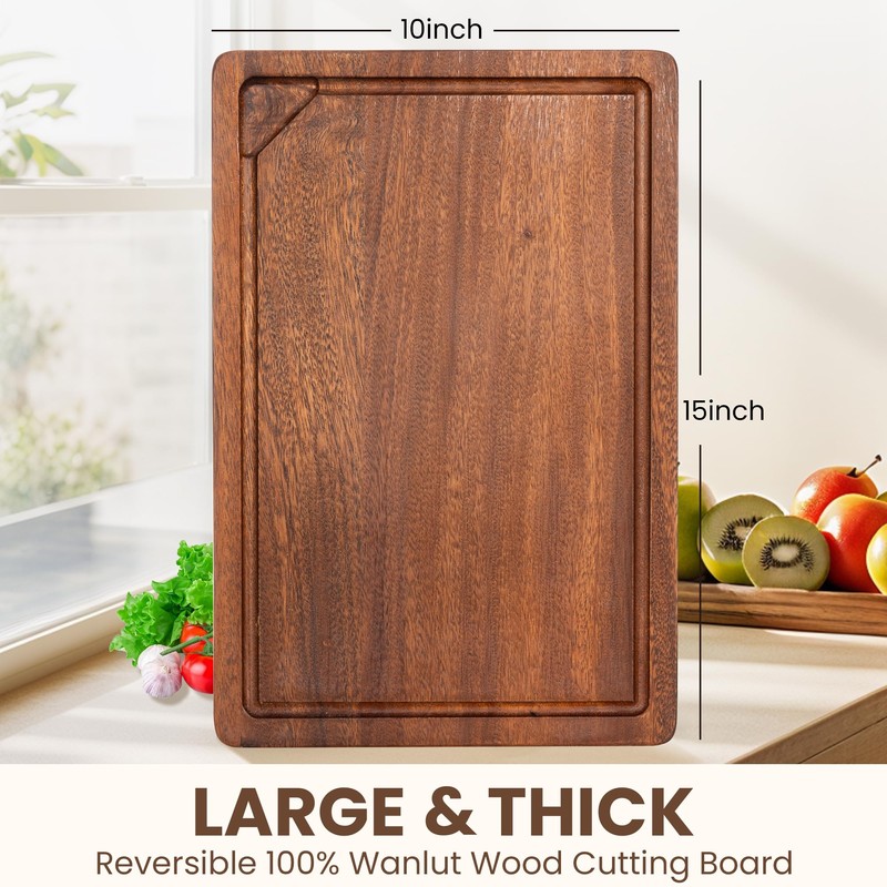 Fun Memories Black Walnut Cutting Board for Kitchen, Reversible Large