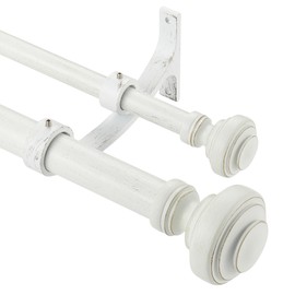 Mayrhyme Wood Double Curtain Rod for Windows 36 to 72 Inches (3 to 6 ft), Adjustable Heavy Duty Double Drapery Rods, Farmhouse Collection Decorative Design with Porch Doorknob Finials,Antique White