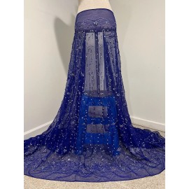 wowfabric4less123 Royal Silver 3D Fringe Beaded Sequins Embroidery Lace Fabric 50” Width 1 Yard