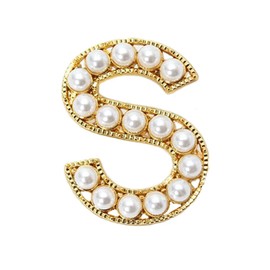 A-Z Letter Brooch Pin Gold Plated Faux Pearl Initial Lapel Pin White Pearl Capital Letter Safty Pin for Women Girls Clothing Bags Accessories (S)