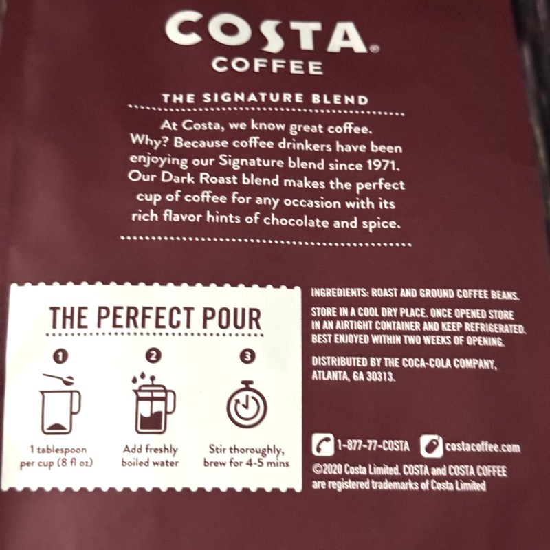Costa Coffee Ground Dark Roast 12 oz Bold & Chocolately
