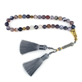 Tasbih Tesbih Islamic 33 Prayer Beads, Muslim Islam Subha Sebha Worry Beads, Misbaha Masbaha Tasbeeh Sibha Beads, Allah Mohammed Ramadan Rosary, 10mm Persian Gulf Agate Stone Beads with Tassel, 33