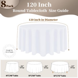 8 Pack White Round Tablecloth 120 Inch Round Table Cloth, Wrinkle Resistant and Washable Tablecloth Polyester Fabric Table Cloth Round Table Cover for Dining Wedding Banquet Party
