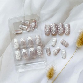 Christmas Press on Nails Snowflake Fake Nails Medium French Tip Glue on Nails Winter Snowflakes False Nails Square Shape Acrylic Nails Full Cover Cute Stick on Nails for Women Holiday Manicure