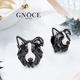 GNOCE Border Collie Dog Charm Bead Sterling Silver Black White Dog Charm Bead Black Plated Fit Bracelet/Necklace Pets Charm for Women Girls