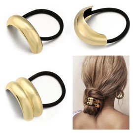 Kzvsiy 3 PCS Metal Hair Ties Set, Gold Ponytail Cuffs with Geometric Design, Durable & Elegant Gold Hair Accessories, Glossy Arch Elastic Hair Ties for Women (Gold)