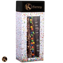 KREMERY Creamy Chocolate Cravings - Chocolate Covered Pretzel Rods Basket in Confetti Tower (10 Count) Appreciation Birthday Sweet Treats - Assorted Candy Toppings - Kosher Dairy