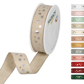 Halbach Seidenbänder Christmas Ribbon 25mm x 18m Christmas Gift Wrapping Ribbon with Silver Stars and Lurex Edges - Linen