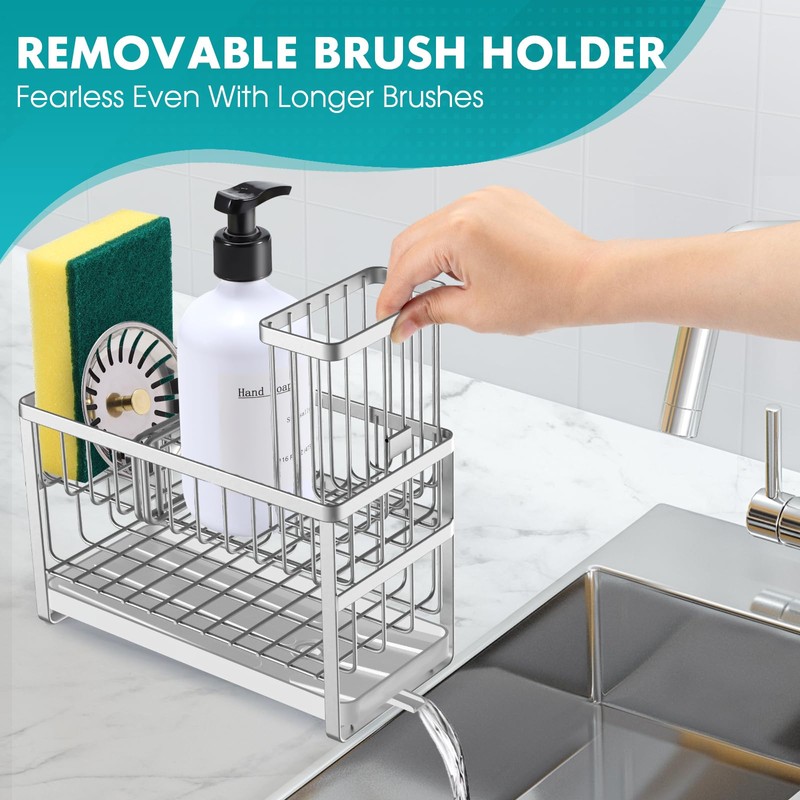 Sinnsally Kitchen Sponge Holder,Sink Caddy Organizer with High Brush Holder,Stainless