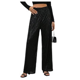 WDIRARA Women's Sequin Sparkle Pants Elastic Waist Wide Leg Party Club Trousers Black Small
