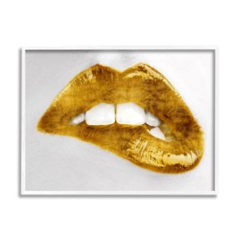 Stupell Industries Modern Yellow Fashion Lip Bite Glam Feminine Photography, Designed by Sarah McGuire White Framed Wall Art, 20 x 16, Silver