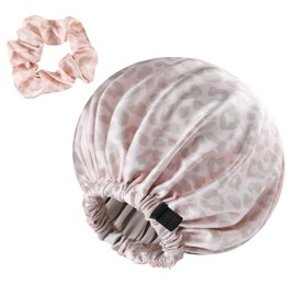 WENSIDUO Satin Hair Bonnet, Double Layer Adjustable Satin Sleep Bonnet with Scrunchie for Women Curly Natural Hair,Leopard Pink.