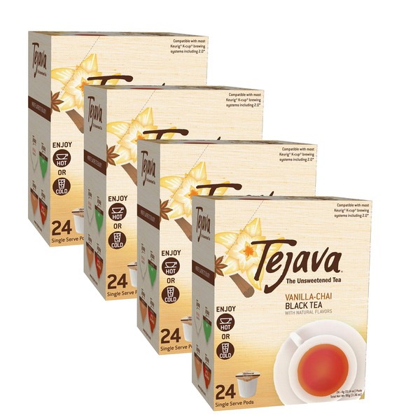 Tejava Vanilla Chai Black Iced Tea Pods, 96 Pack Single Serve Cups, Keurig K-Cup Compatible, Hot or Cold, Unsweetened, Non-GMO, Kosher, No Sugar or Sweeteners, No calories, No Preservatives